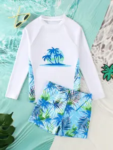 Island Style Long Sleeve Swimsuit, Boys' Colorblock Sun Protection Quick-Dry Beach Play Swim Set, Casual Fitted Suit, Swimsuit With Shorts