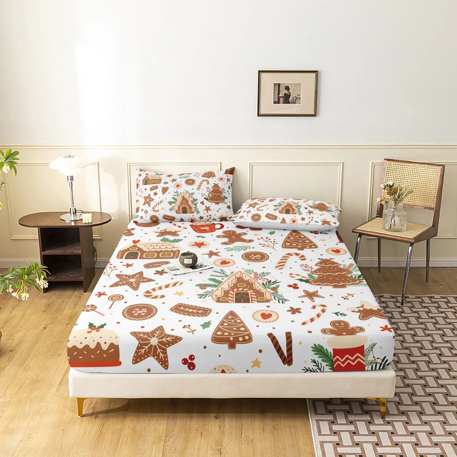 3 Pieces Gingerbread House Cookie Candy Cane Print Fitted Sheet Set, Cute Xmas Tree Cake Holly Berry Winter Holiday Print Bedding, Soft Microfiber Farmhouse Christmas Bedroom Decor (1 Fitted Sheet + 2 Pillowcases, No Pillow)