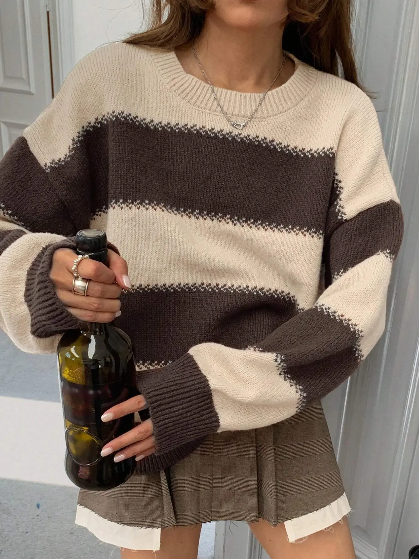 Women's Long Sleeve Striped Round Neck Pullover Knit Sweater, Elegant Casual Style, Loose-Fitting Leopard Pattern, Fall & Winter Wear, Tops, Knitwear