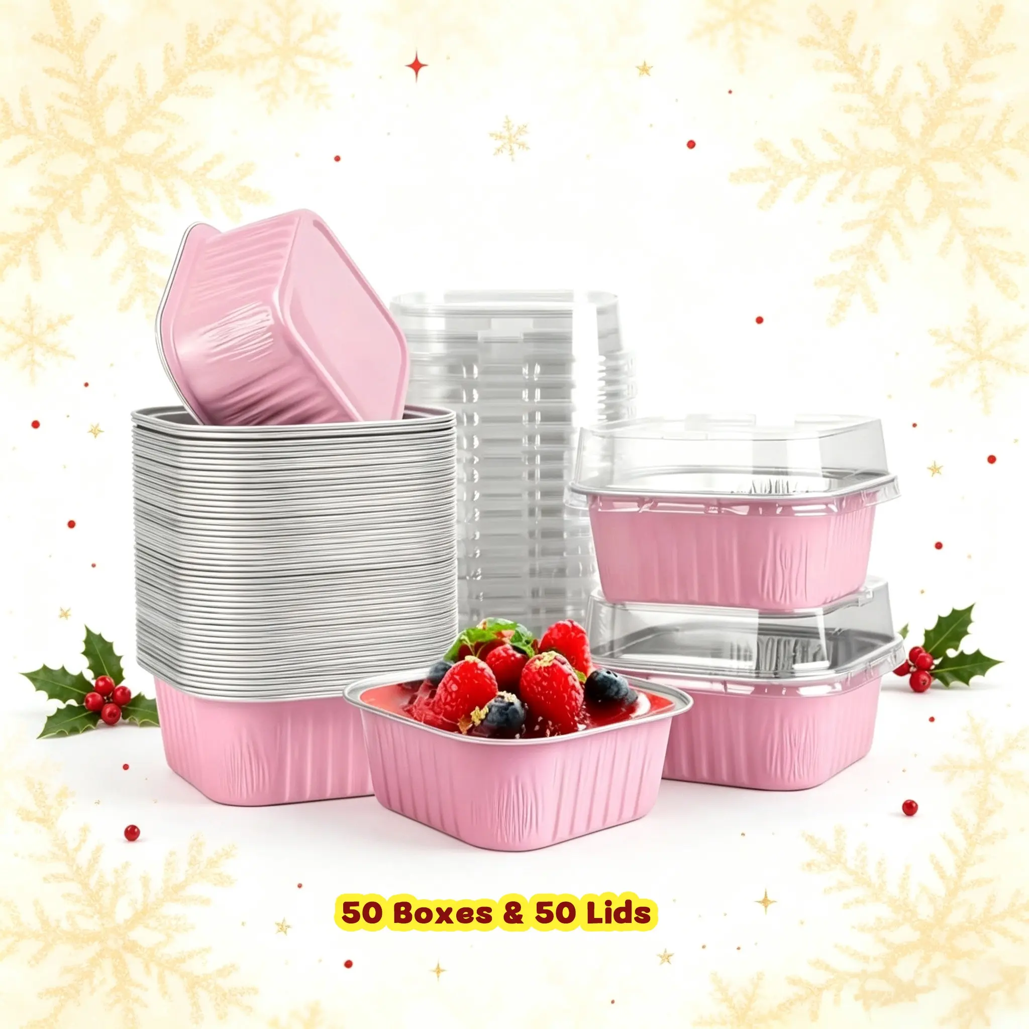 50 Pack Disposable Square Aluminum Foil Baking Cups with Lids, 5oz Mini Cake Muffin Containers, Available in 5 Colors, Must-Have Dessert Boxes for Weddings, Birthdays, Thanksgiving, Christmas & All Holiday Parties