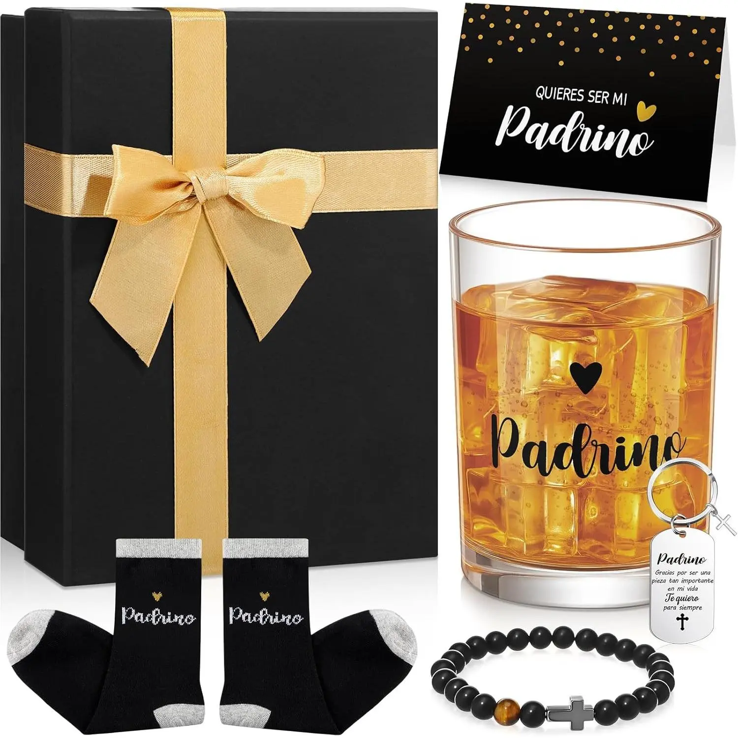 6 Pcs Padrino Proposal Gift Will You Be My Godfather Gift Box Set with Glass Bracelet Keychain Quiers Ser Mi Padrino Card Socks for God Father Uncle from Godchild Baptism Easter Dad