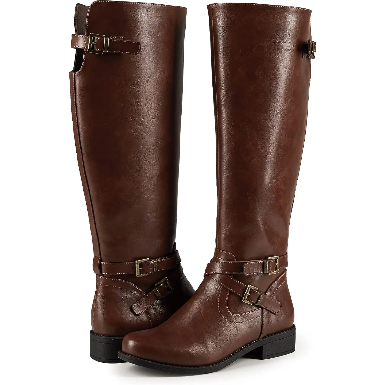 Coutgo Women's Basic Knee-High Riding Boots - Plain Faux Leather, Wide Calf Fit, Flat Low Heel, Side Zipper, Round Toe, Rubber Sole, Breathable, Lightweight, Minimalist, Mid-Calf (Above the Ankle but Below the Knee) All-Season Casual Walking Footwear
