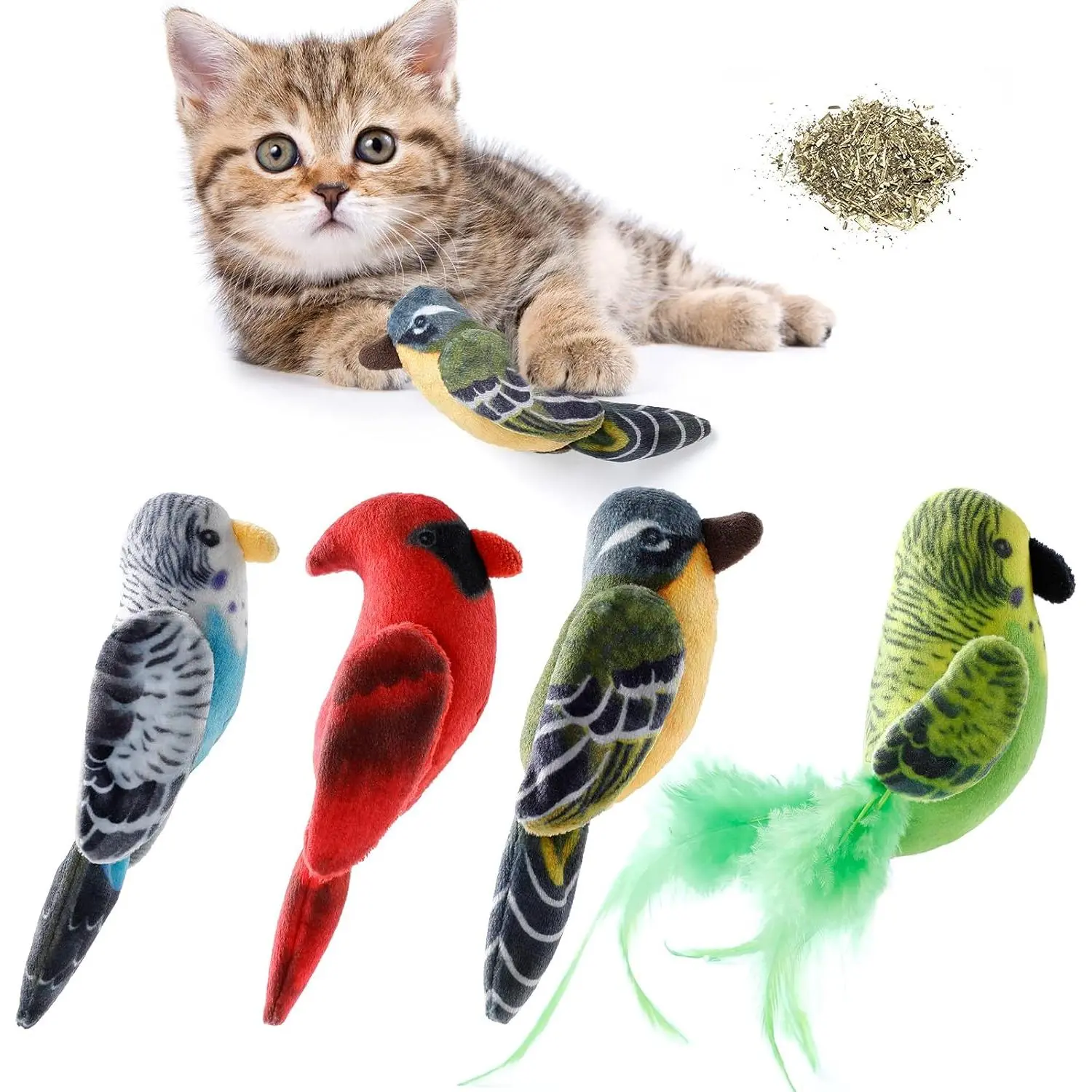 Cat Catnip Toys Interactive Cats 4pcs Kitten Plush Nip Chew Bird Toy with Crinkle Paper Pet Best Treats Stuffed Pillow Cute Teething Play Gifts Soft Kick Sound Supplies for Indoor Kitty