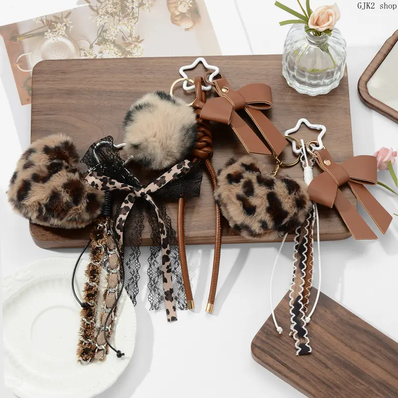 Leopard Print Furry Texture Unisex Charm - PU Bow Accent Braided Rope Keychain, Faux Fur Pom Pom Vintage Backpack Pendant