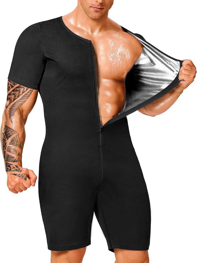 Men's Solid Zipper Sauna Romper, Casual Comfy Breathable Short Sleeve Athletic Compression Sauna Romper for Working Out, Men's Sportswear for All Seasons