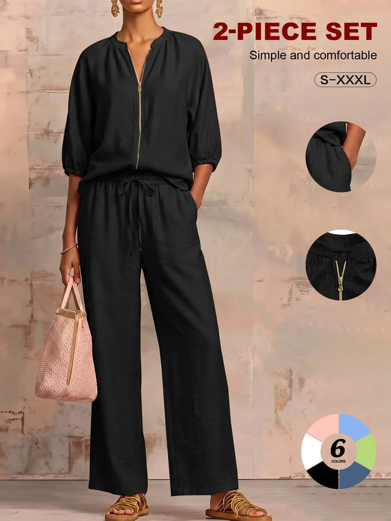 Ladies Elegant Uk Fashion Matching Set, Lightweight Airy Fabric, Zip Front Top, Pocket, Drawstring, Wide Leg Trousers, Casual Style, Everyday