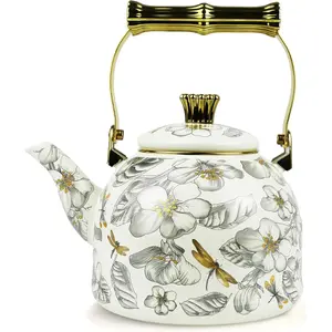 Vintage Enamel Tea Kettle, Dragonfly Floral Pattern Stovetop Teapot with Gold Handle, 2.5L Enamel Kettle Kitchen Decor, Ideal Gift for Housewarming Camping Coffee Pot