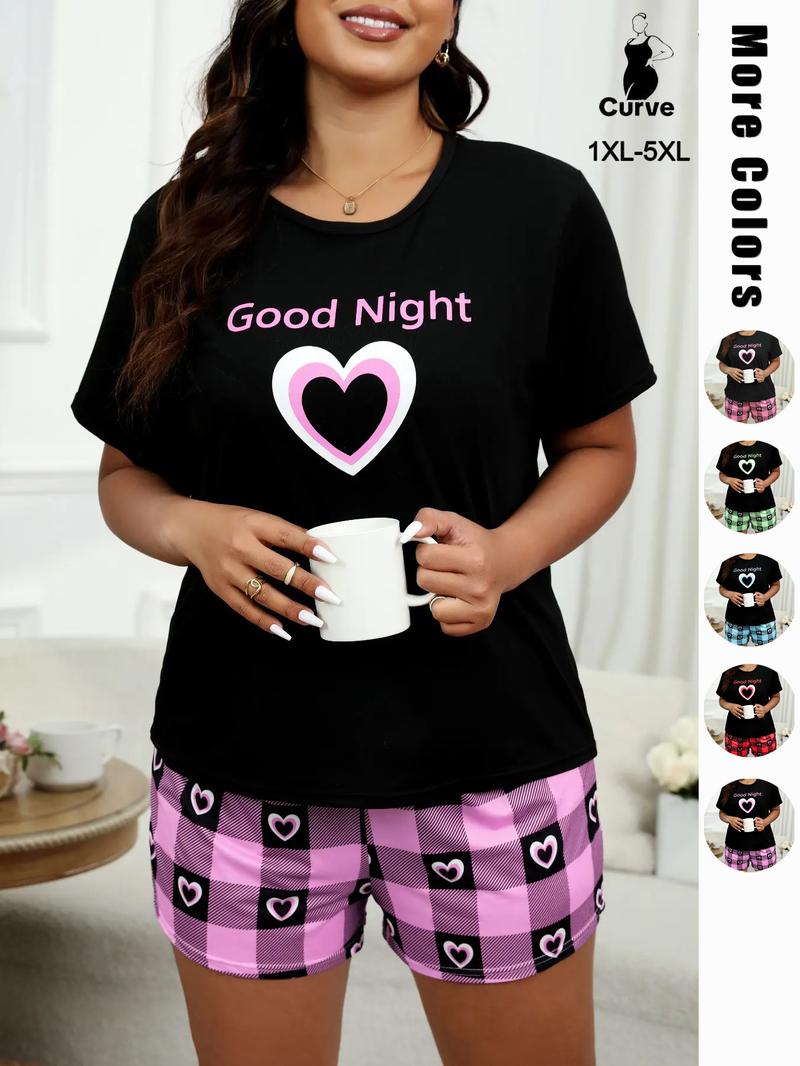 Plus Size Heart & Plaid Print Pajama Set, Casual Round Neck Short Sleeve T-shirt & Shorts Pj Set, Summer Sleepwear & Loungewear, Summer Outfits 2024, Women's Nightwear