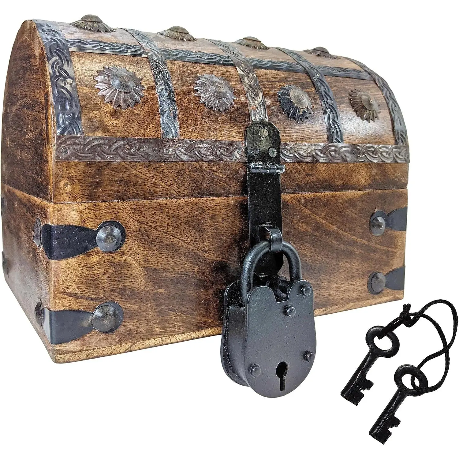 Pirate's Treasure Chest (8" x 6" x 6") Wooden Nautical Jewelry Box with Functional Lock and 2 Keys, Wood with Iron Accents, Hinged Lid