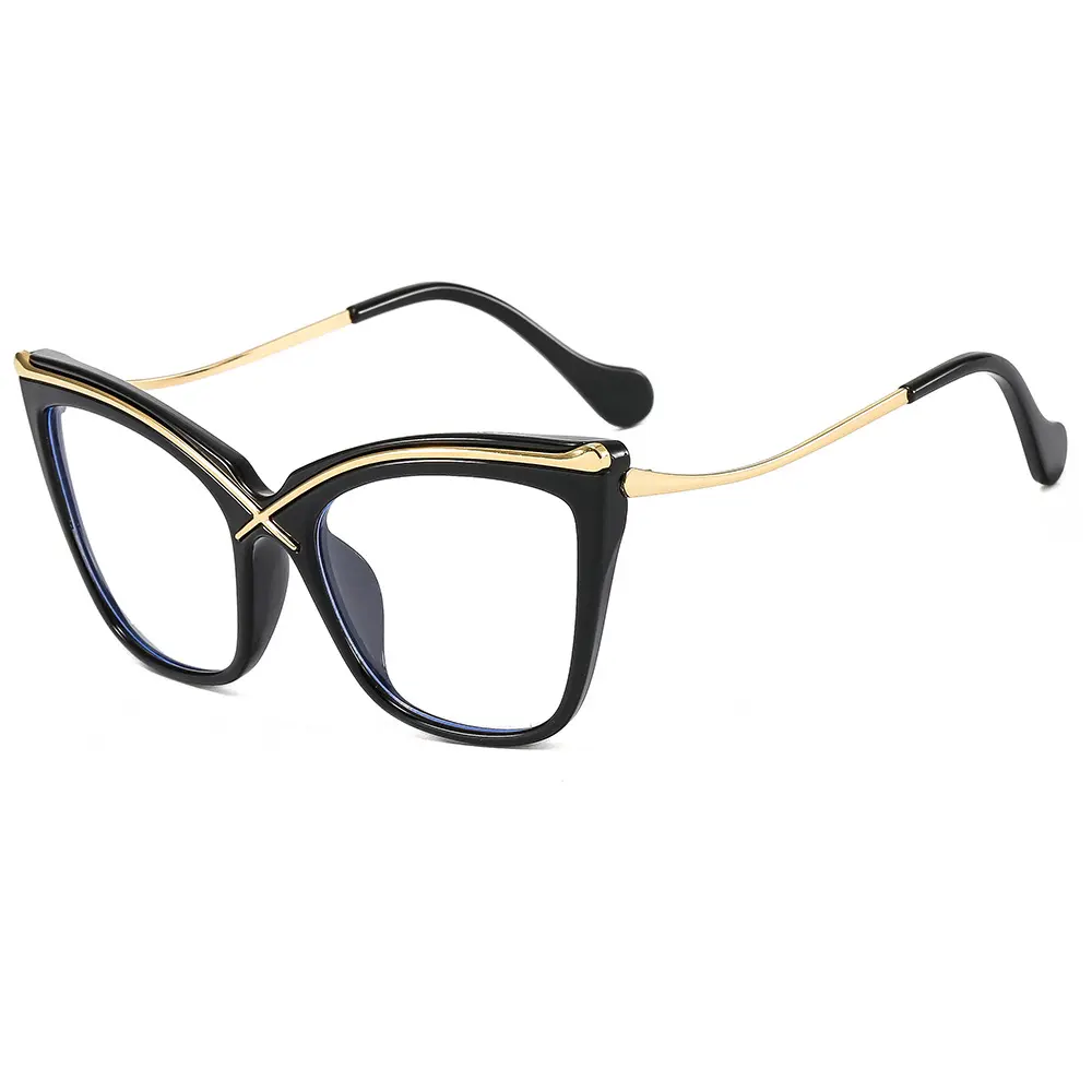 Cat Eye Square Eyeglasses with X-Shaped Metal Accent Brow Bar, Unisex Decorative Frame with Blue Light Filter Lenses for Indoor Daily Wear, Metal Brow Bar, Unisex Wear, X-Shaped Accent, Blue Light Glasses For Women, Classic Squarebody Non-Prescription Gla