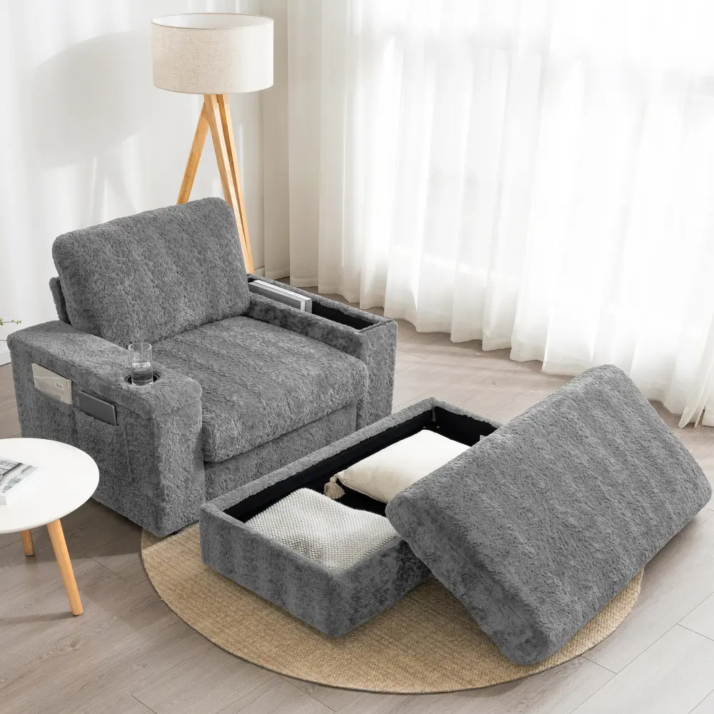 Littleox 42 In Armrested 1-Person Oversized Single Sofa, Faux Rabbit Fur Armchair with Cup Holders, Upholstered Chaise Lounge with Storage Ottoman, Deep-Seat Sleeper Reading Couch for Living Room, Apartment, Deep Seat Couch