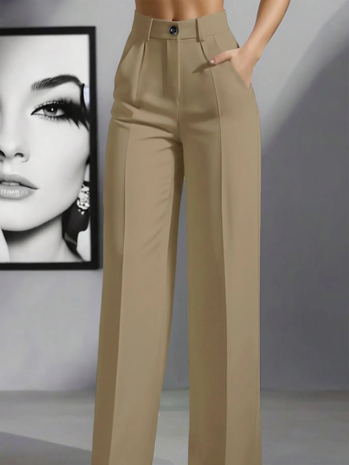 Women's High-Waisted Straight Leg Suit Pants, Front Seam Design with Pockets, Elegant Business Formal Long Trousers for Office Wear