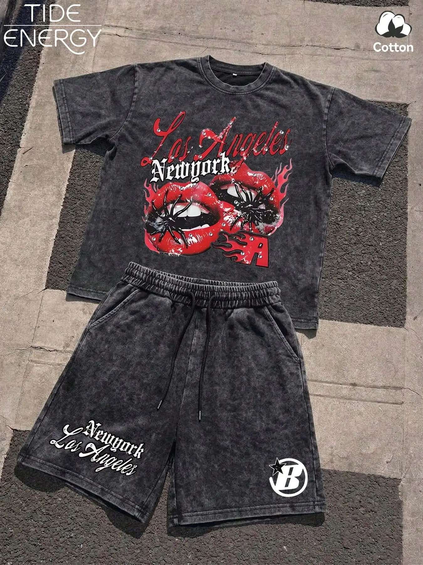 Men's Y2K Lip Spider Flame Print Washed Two-Piece Set, Los Angeles New York Street Style T-Shirt Shorts Set, Fashionable