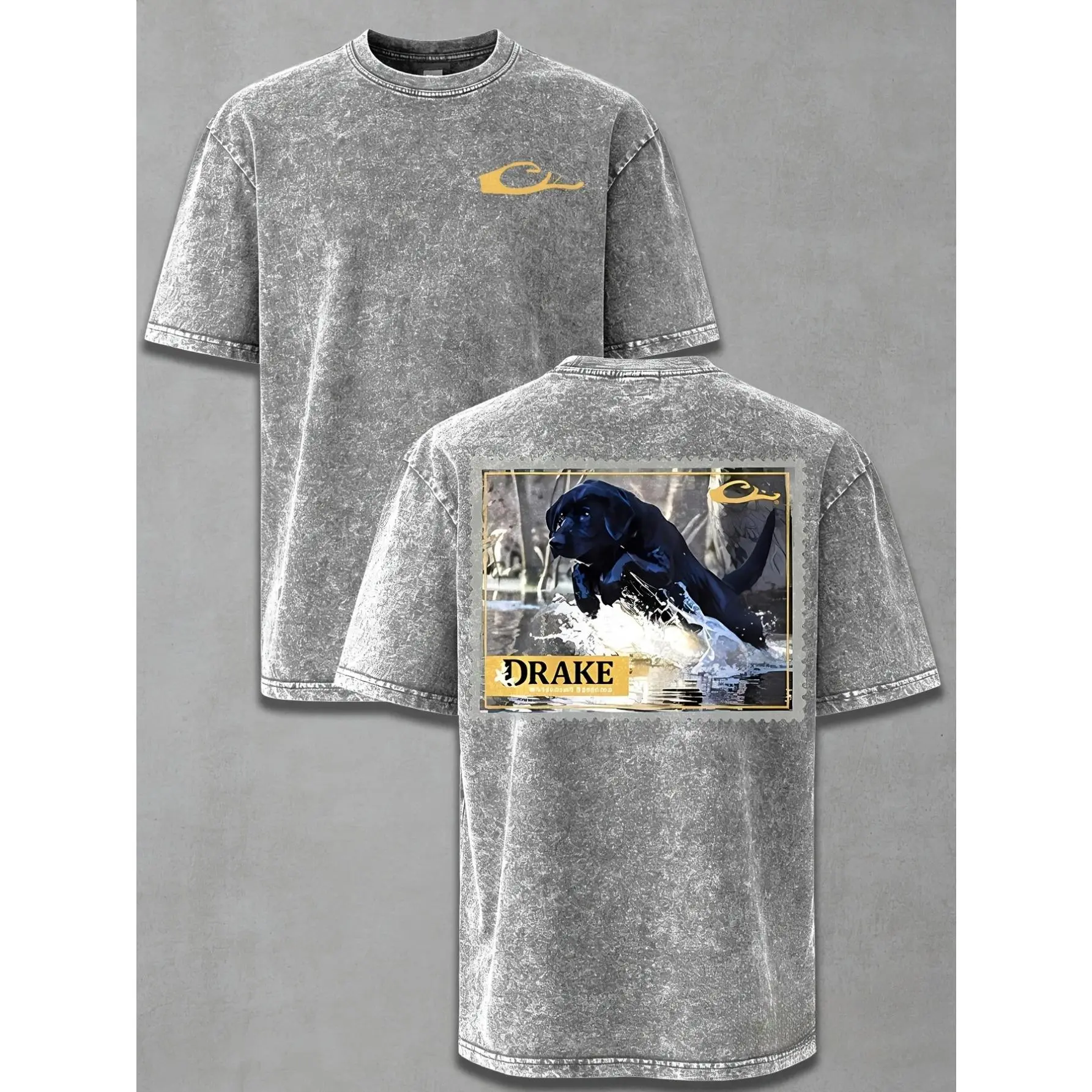 Drake Men’s Vintage Washed Graphic T-Shirt, Black Lab Waterfowl Hunting Back Print, Heavyweight Cotton Oversized Outdoor Streetwear Tee