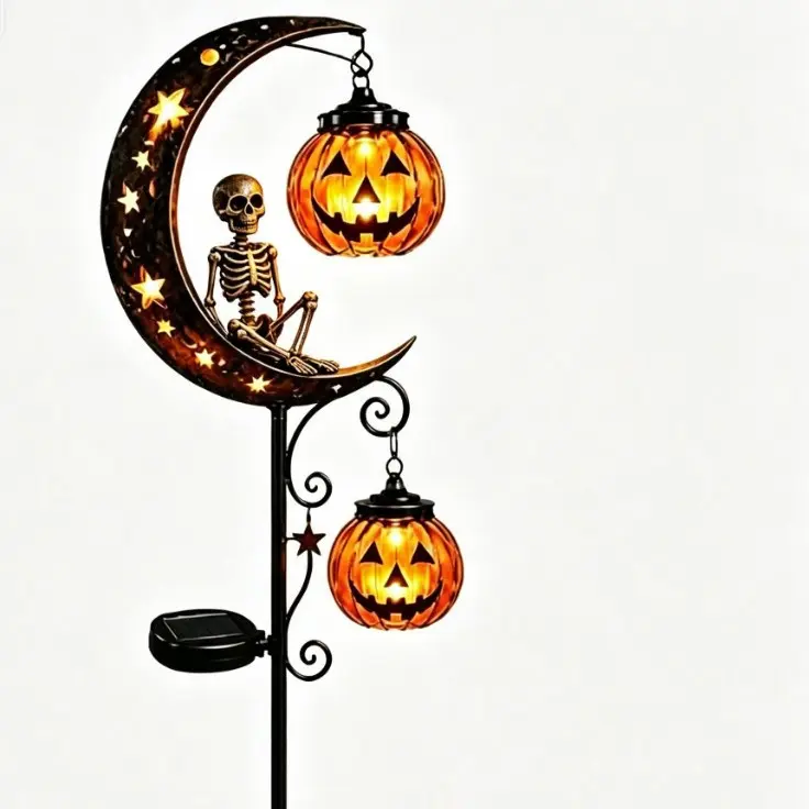Solar Black Cat & Pumpkin Moon Stake Light
