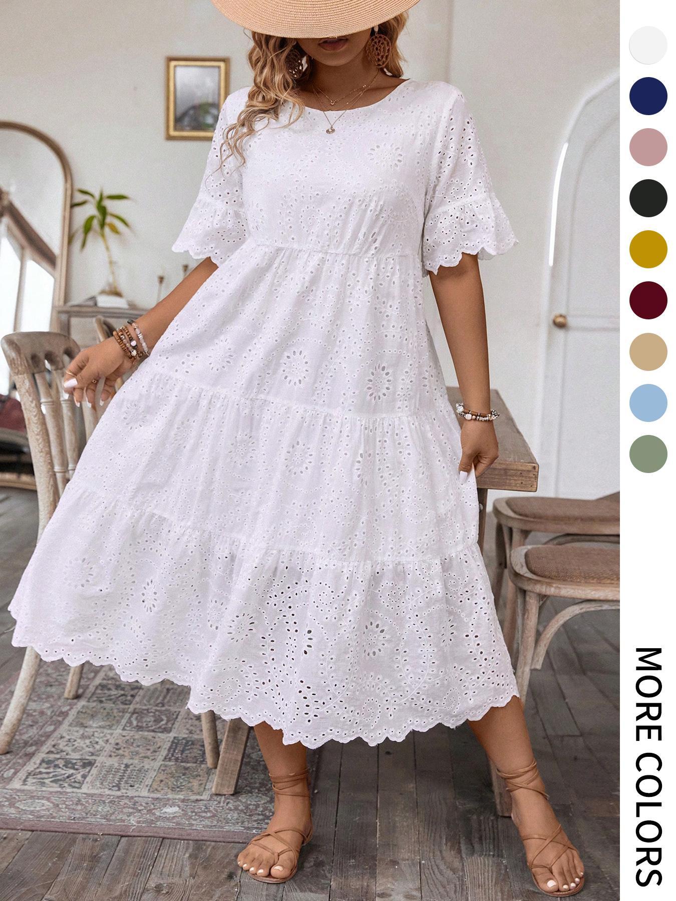 Plus Size Lightweight Plain Eyelet Embroidered Dress, Boho Bohemian Fashion Round Neck Short Sleeves Casual Dress for Daily Wear, Holidays and Vacations, Women's Plus Clothing for Summer, Womenswear