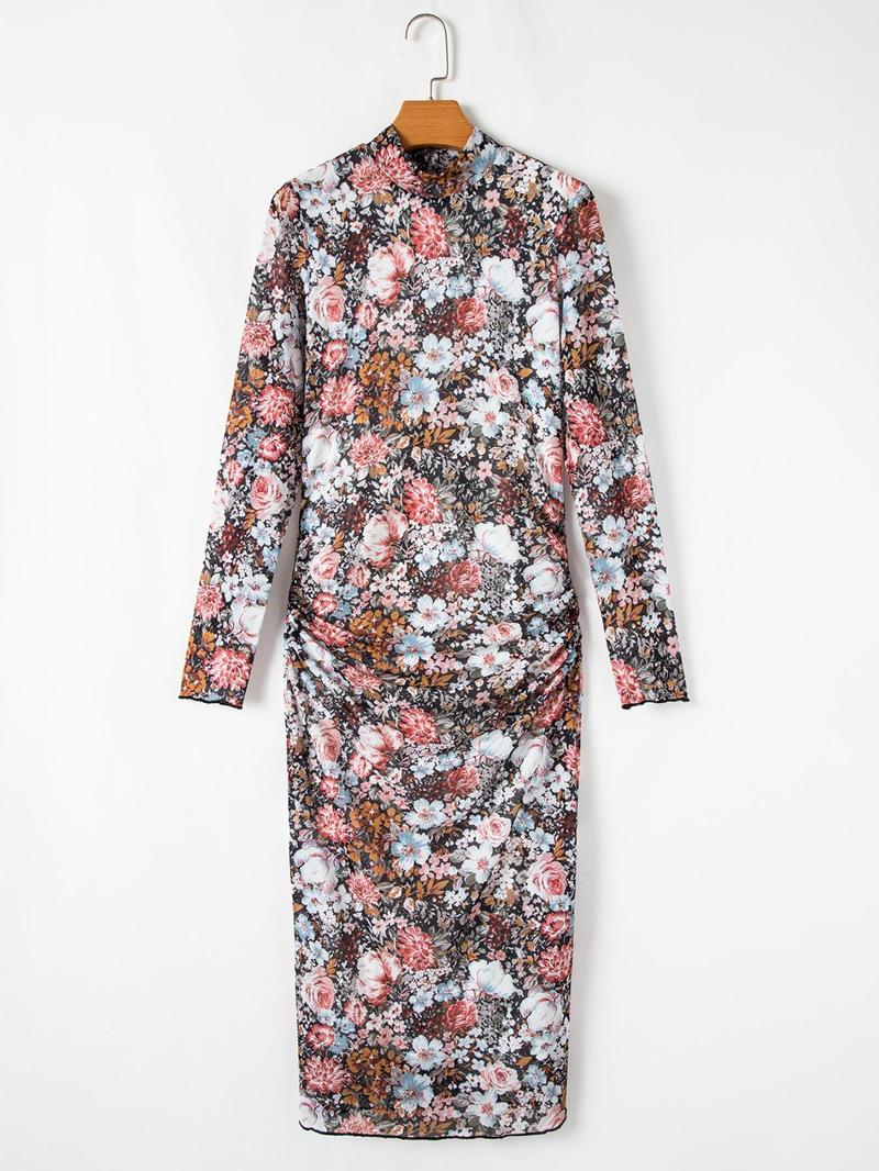 Women's Ditsy Floral Print Long Sleeve Bodycon Casual Chic Fitted Dress, Elegant Fashion Casual Dress for Daily Outdoor Wear, Women Dress for All Seasons