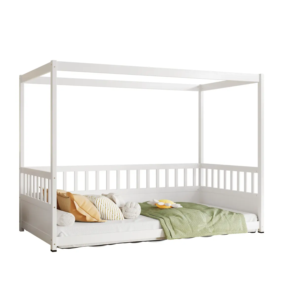 76.97*41.34*58.27 Inch White Twin Size Pine Wood Canopy Montessori Floor Bed, 21.45" High Three-Side Guardrail Kids Low Platform Bed for Boys Girls