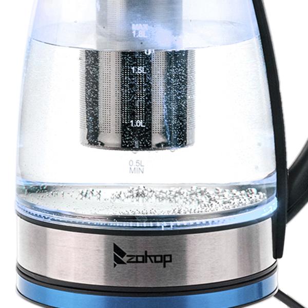 ZOKOP HD-1861-A 110V 1200W 1.8L Electric Glass Kettle US Plug with LED Lights, 360° Rotation Base, Auto Shut-off, and Mesh Filter for Spill Proof Pours Automatic