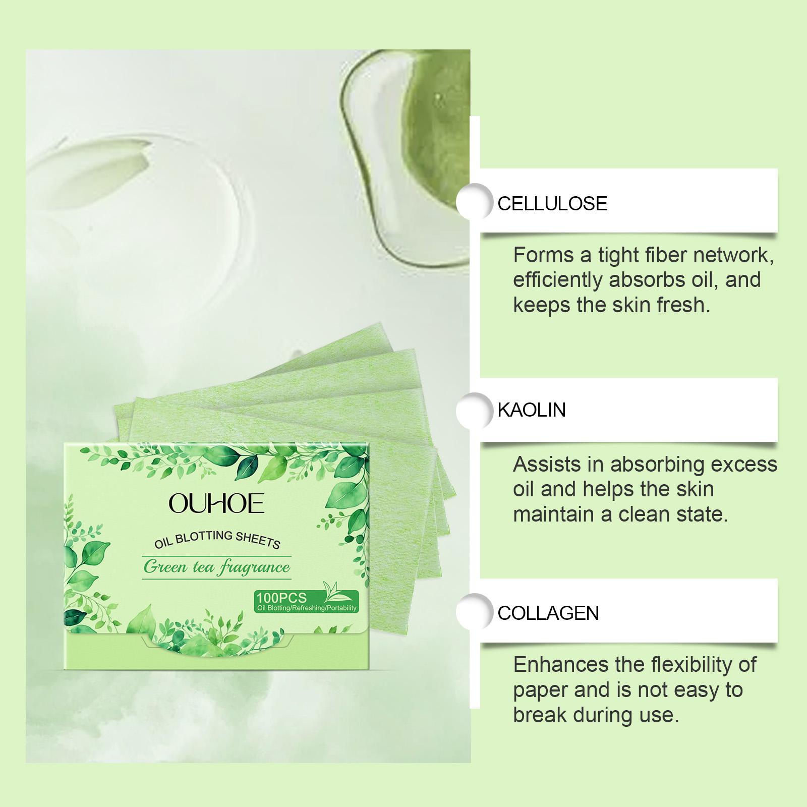 OUHOE Oil Blotting Sheets, Double Oil Control with Cellulose & Kaolin, Green Tea + Vitamin E Antioxidant Care, Makeup-Friendly No Powder Removal, Soft Non-Irritating for Oily Skin, Daily Summer Essential