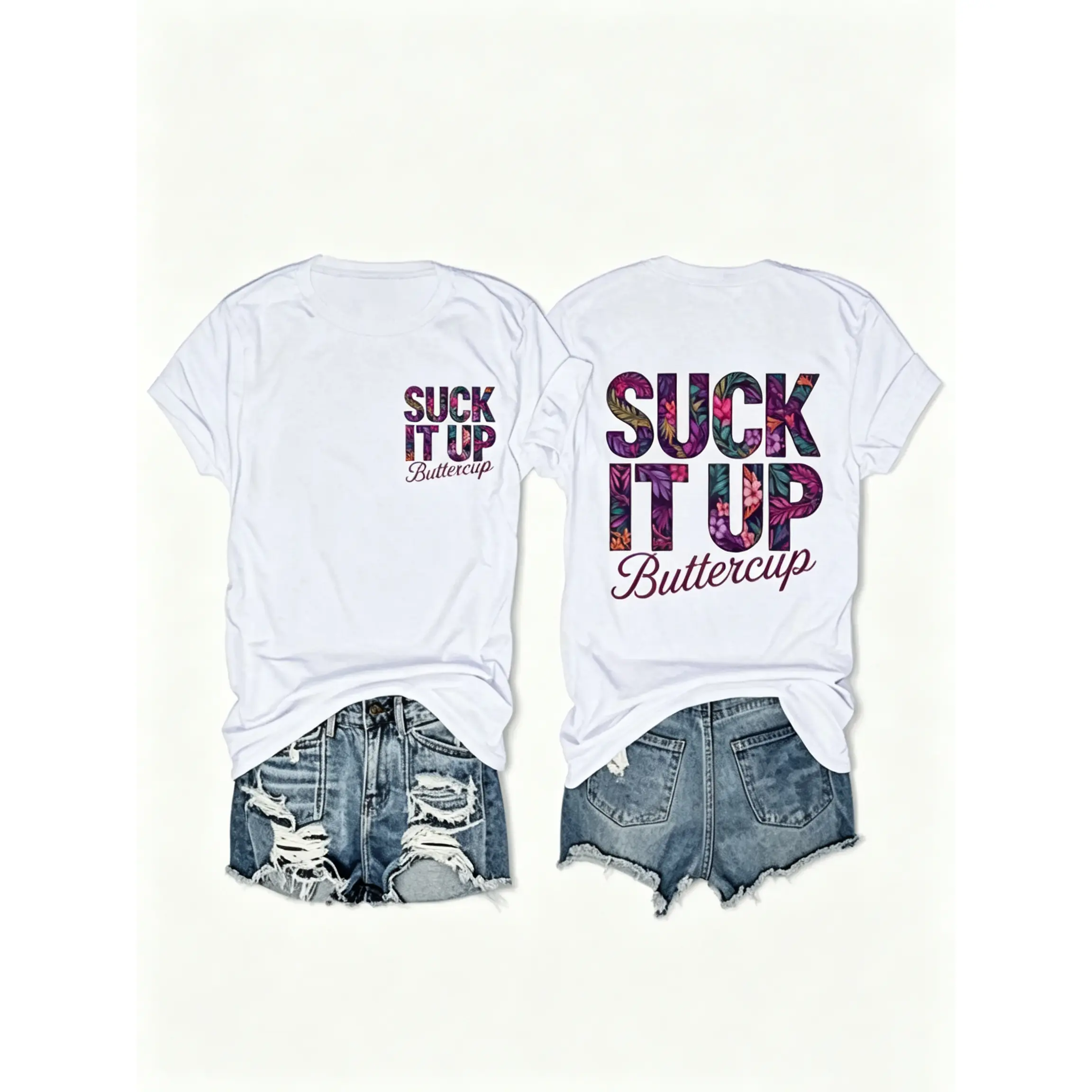 Unisex Graphic T-Shirt with "Suck It Up Buttercup" Front & Back Tropical Print, Casual Short Sleeve Round Neck Streetwear Top, Fitted, T Shirts For Women