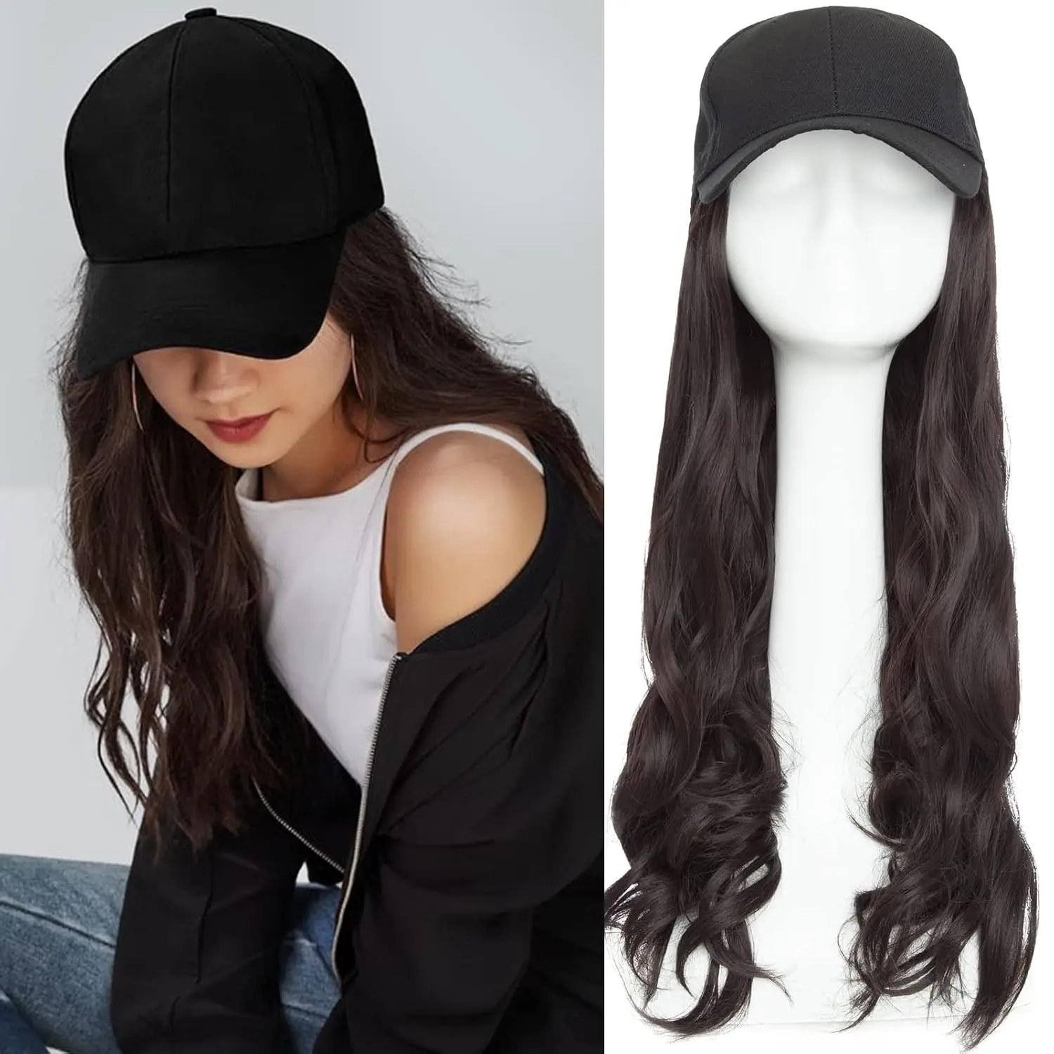 16" Baseball Cap with Hair Baseball Hats with Hair Attached Curly Wavy Cap Wig with Hair Extensions Adjustable Culry Baseball Hat Wig for Women (16" -Curly, Dark Brown)