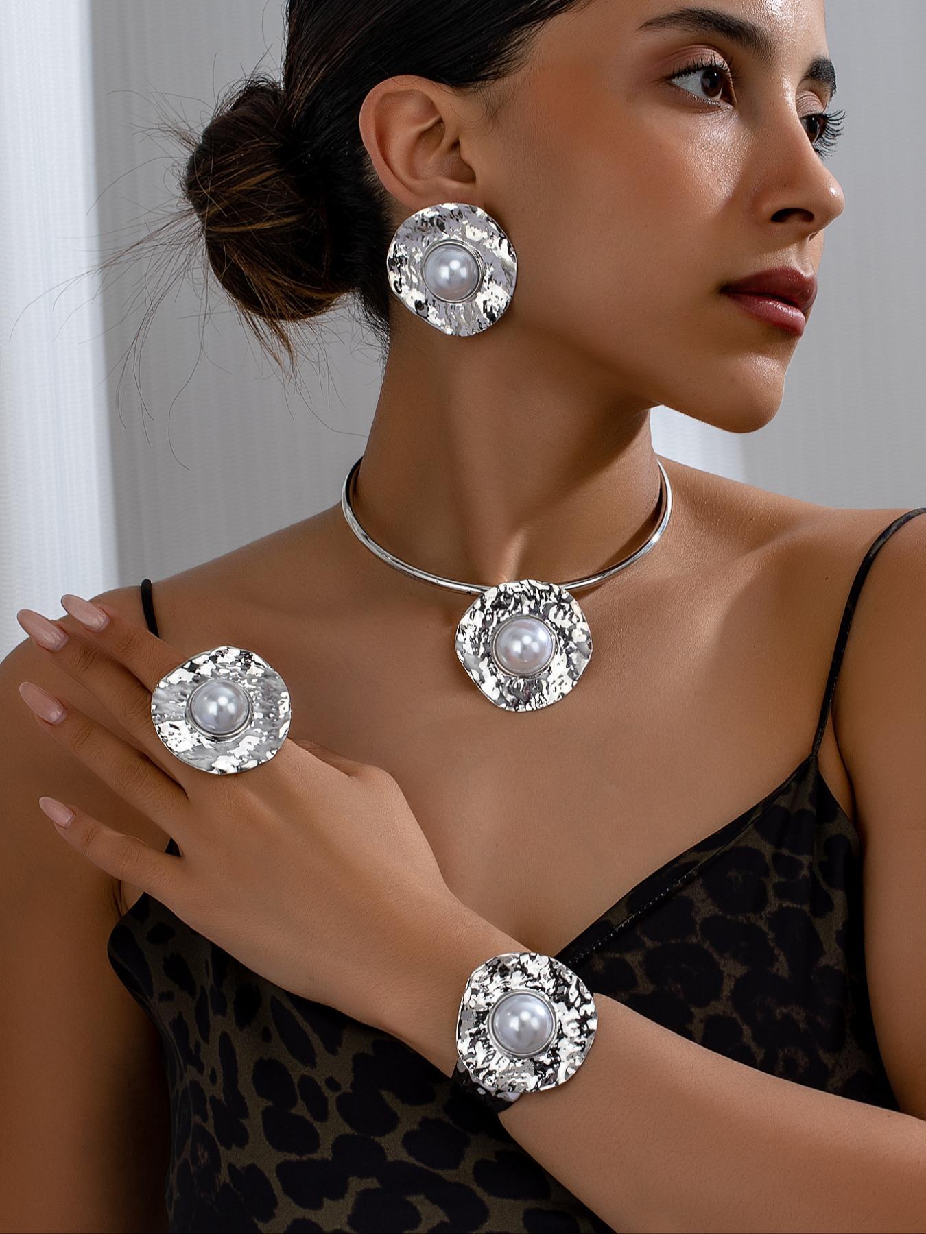 Faux Pearl Decorated Textured Metal Design Jewelry Set, Including Ring & Earrings & Bracelet & Necklace, Fashion Accessories for Women, Trendy All-match & Exquisite Jewelry for Birthday Gift