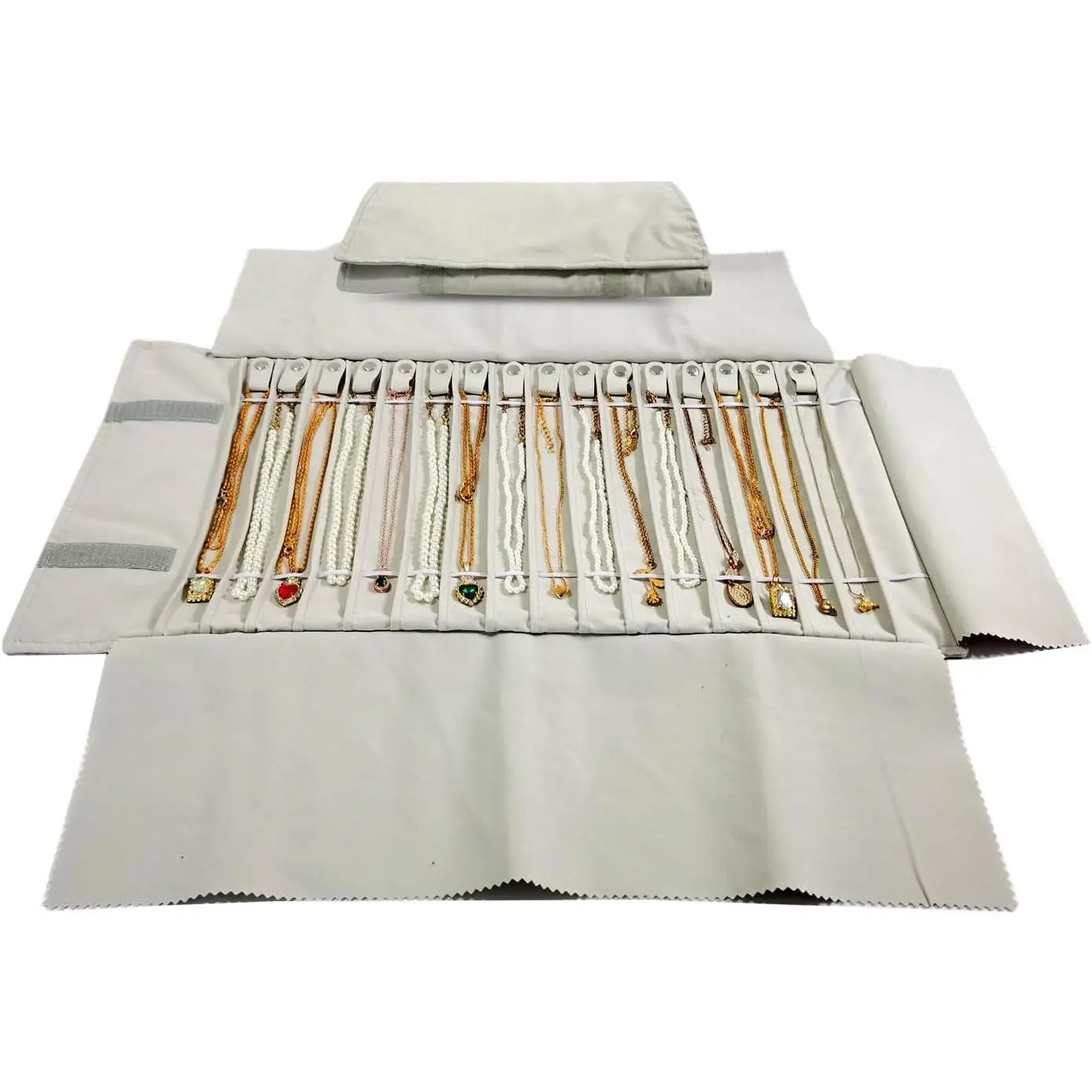 Travel Necklace Organizer, Portable Jewelry Storage Case, 16 Slots | No Tangle, Double Elastic Band, Roll Up, Lightweight, Jewelry Roll Bag for Chains Bracelets, Beige