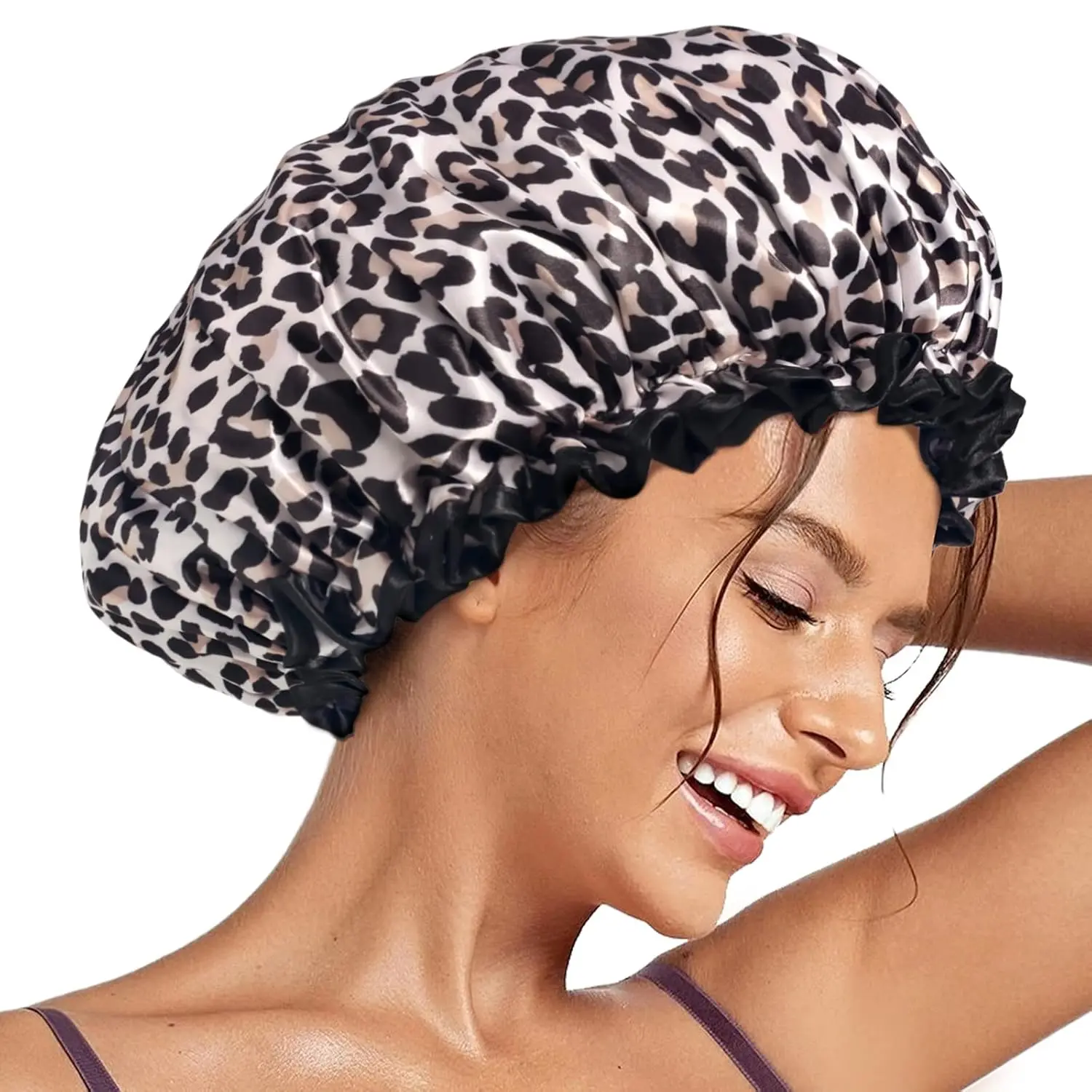 Shower Cap, Reusable Waterproof Leopard Print Hair Cap,Dual Layer Large Ruffle Edge for Long Hair, Ideal for Shower, Skincare, Cooking, Spa and Travel Use