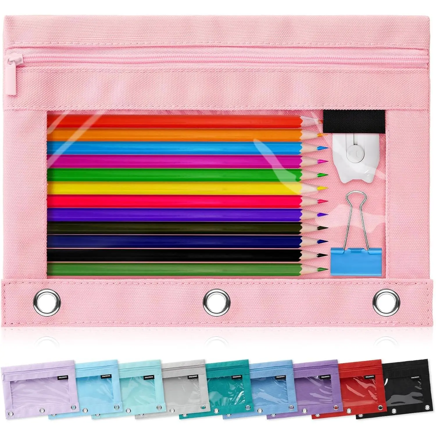 Binder Pencil Pouch Case Box Bag for 3 Ring Binder School Supplies Girls Boys , Clear Preppy Stuff Large Aesthetic Pen Organizer,  to College Stationary, 1 Pack, Light