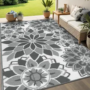 Outdoor Rug for Patio 5x8 ft Reversible Plastic Straw Patio Camping Rug, Floral Waterproof RV Mat for Camper Indoor Outdoor Carpet for Deck Porch Picnic Beach Balcony Backyard, Grey & White(Gift)