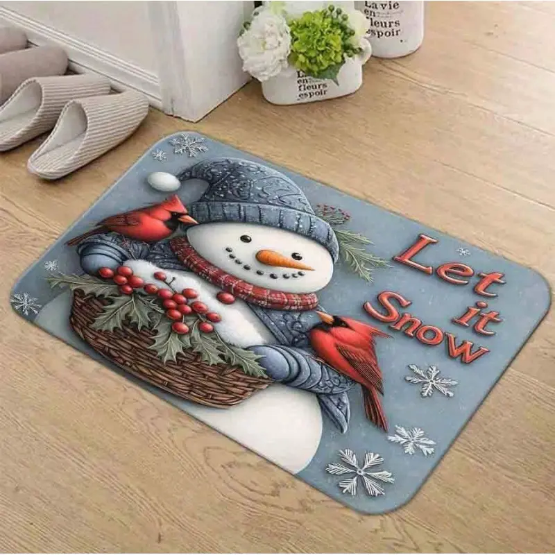 	1PC Cartoon Snowman Cardinal Berries Snowflake "Let It Snow" Winter Doormat, Soft Flannel Non-Slip Entrance Rug, Indoor & Outdoor Holiday Floor Mat for Hallway, Bathroom, Kitchen, Porch, Laundry Room & RV Decor