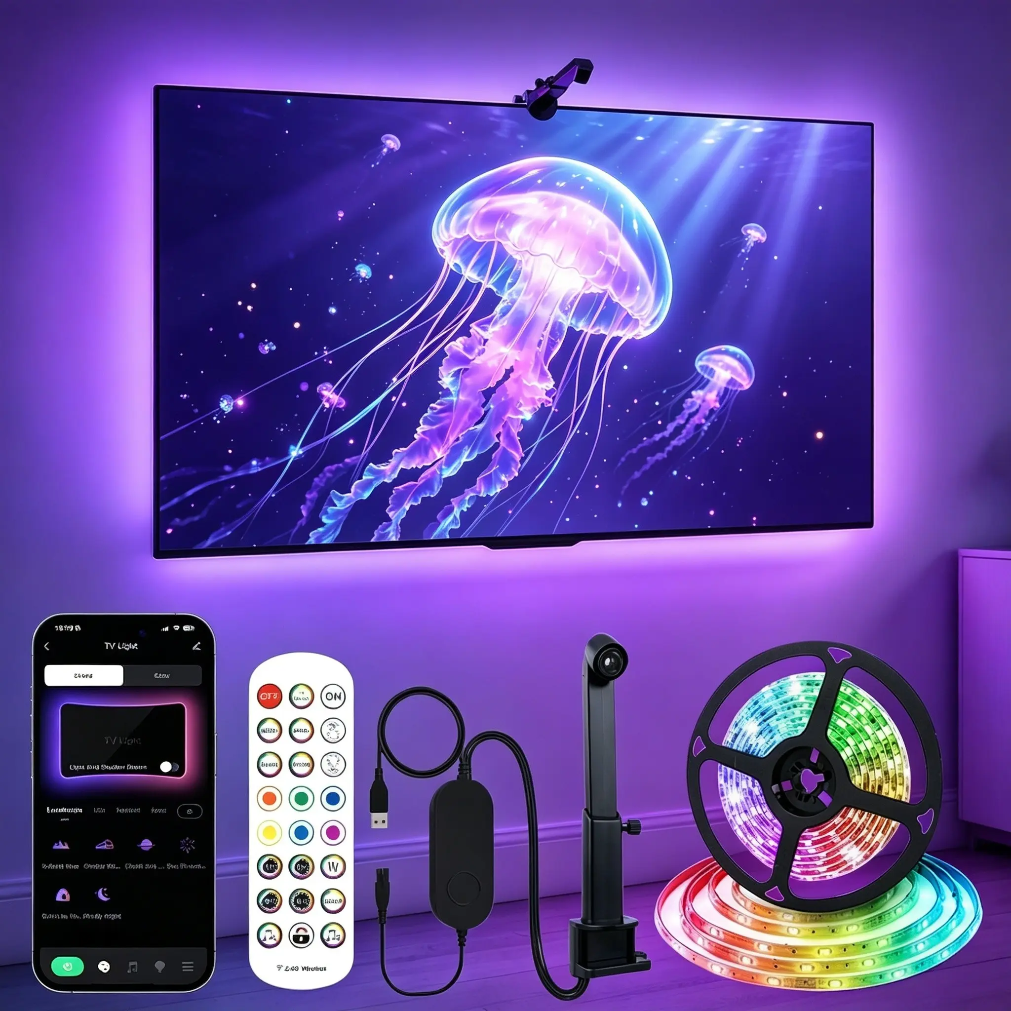 16.4ft Game Light Strip, USB LED TV Backlight for 55-65 Inch Tvs,Includes Remote Control，Color Sync, Ar Sensor, Bluetooth-compatible Control, Music Sync, Holiday Gift