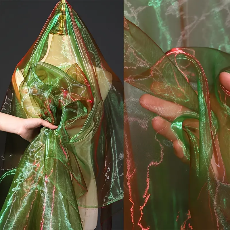 Two-tone green-red shimmering sheer fabric, lightweight breathable mesh material, suitable for DIY crafts, apparel, and wedding decoration fabrics