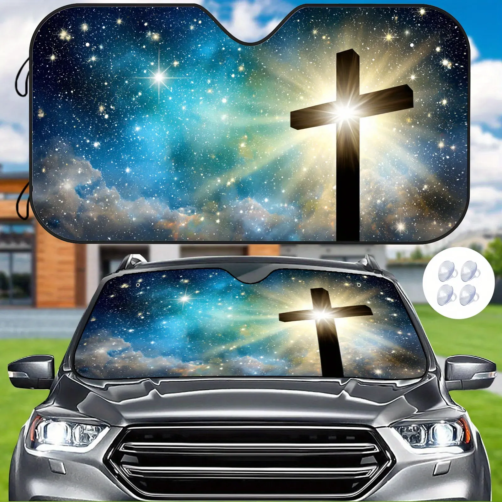 Starry Sky Cross Car Windshield Decoration, Dazzling Nebula with Glowing Cross, Easy Installation, Includes Suction Cup Accessories, Helps Maintain Car Temperature