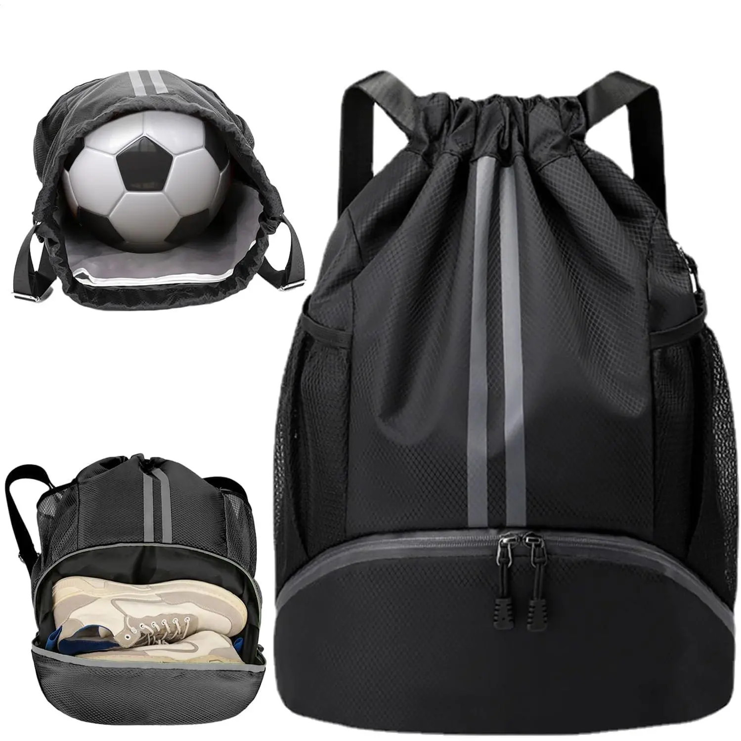 Drawstring Backpack Waterproof Sports Gym Bag Unisex Large Drawstring Bags with Wet Dry Separation Bag Football Boot Bag for Gym Sport Yoga School Black One Size