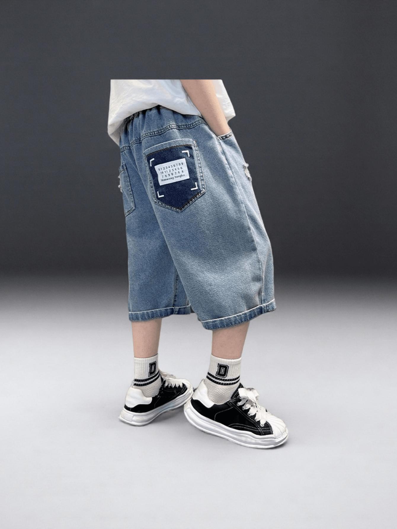 (New)Boys' Faux Denim Pants, a Valentine'S Day Gift, Enhance Body Shape, Featuring Letter Patterns, Comfortable And Stylish Cropped Pants, Perfect for Summer, Versatile for Casual And Sporty Looks, Suitable for Various Styles