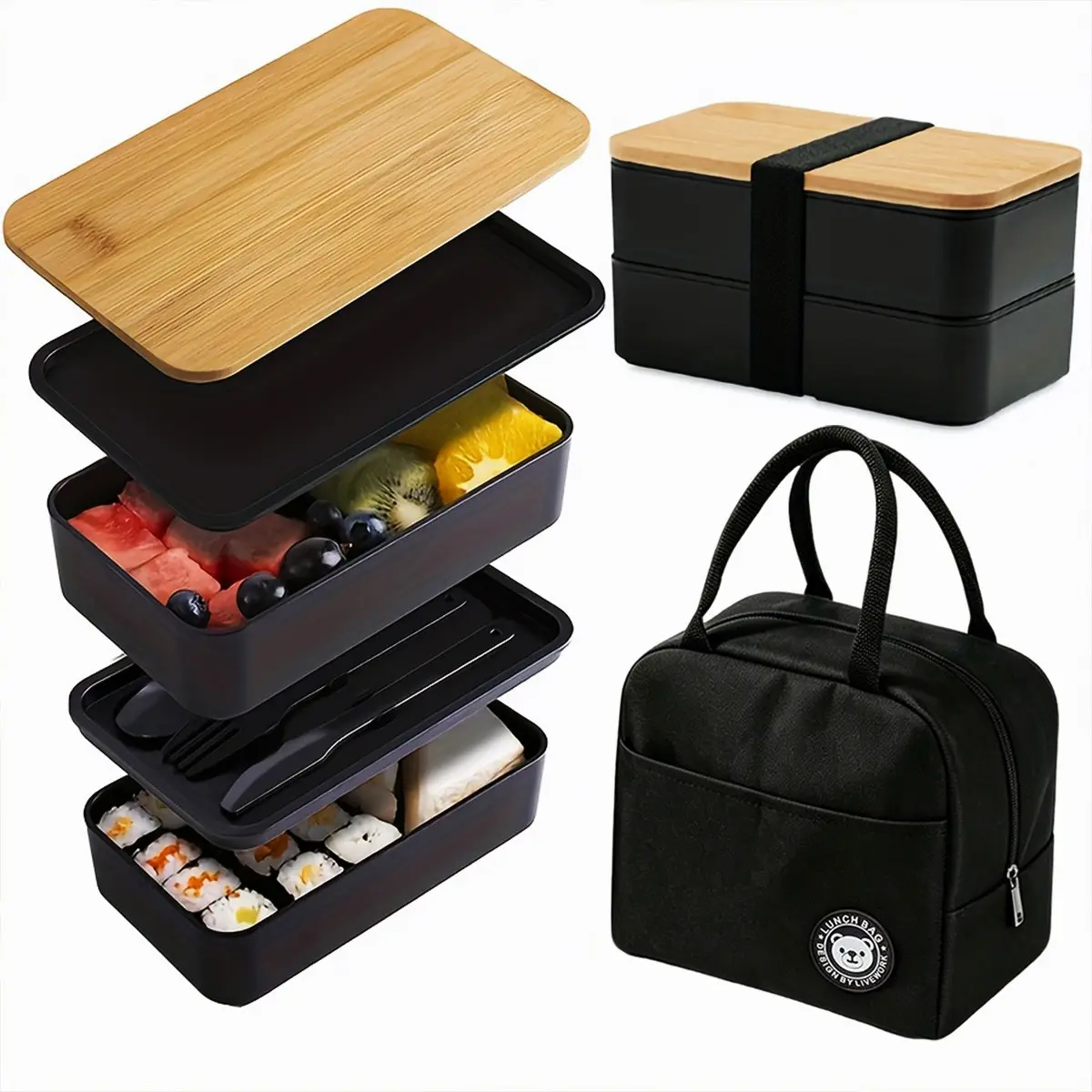 Double/triple Layer Bento Box Set, Minimalist Japanese Bamboo Lid, Reusable, Leak-Proof, Microwave Safe, Includes Utensils, Leakproof Lunchbox