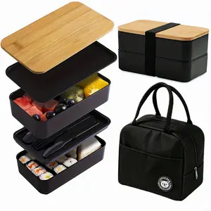 Double/triple Layer Bento Box Set, Minimalist Japanese Bamboo Lid, Reusable, Leak-Proof, Microwave Safe, Includes Utensils