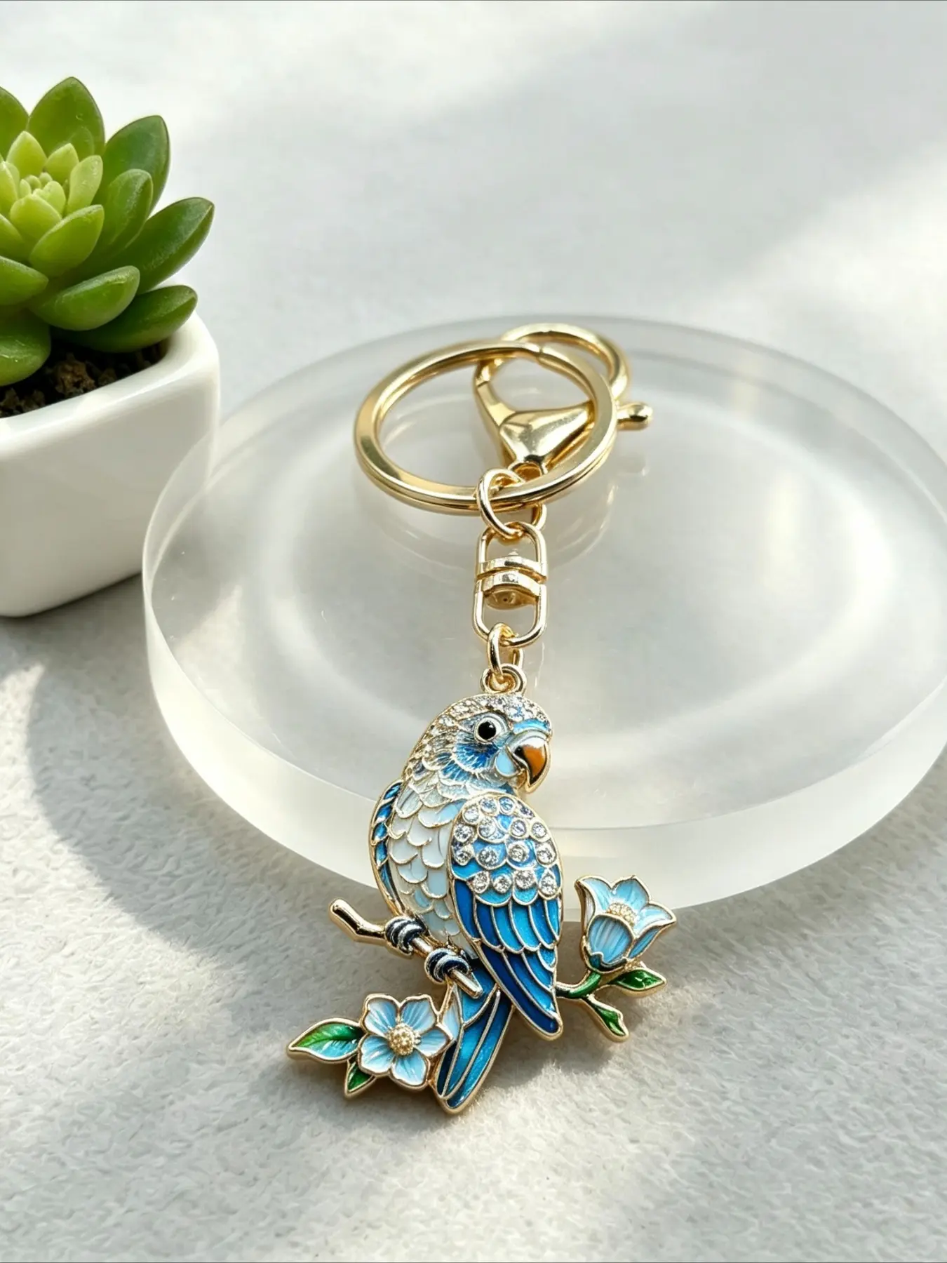 Vintage Blue Parrot Flower Keychain, Tropical Bird Floral Key Ring, Lobster Clasp Bag Charms Pendant for Car Backpack Purse Decor, Jewelry Gift for Friends