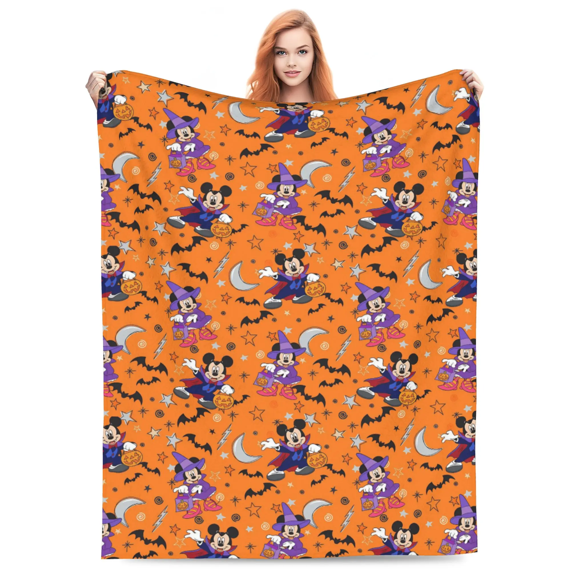 DISNEY CLASSIC Mickey Minnie Halloween Flannel Blanket. Vampire Mickey, Witch Minnie, pumpkins, bats & moon repeat print. Soft cozy throw for sofa bed, gift for kids and Disney Halloween lovers.