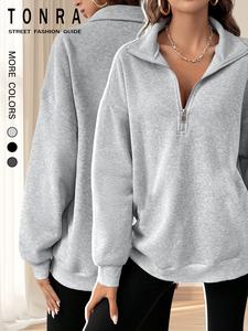 women's solid color half zip drop shoulder thermal lined sweatshirt, casual long sleeve collared pullover for fall & winter, women's clothes for daily wear, sweatshirts for women, womenswear