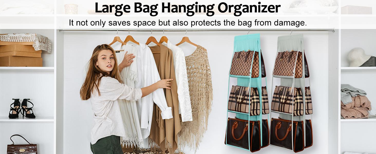 Medium and Large Handbag Hanging Purse Organizer for Closet, Handbag Storage Organizer Hanger Oxford Cloth Closet Organizer for Family Closet Bedroom, Foldable and Universal Fit, Grey