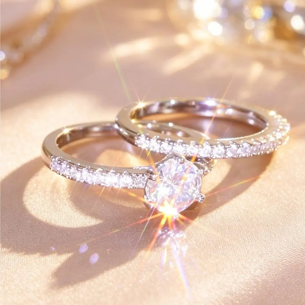 Women’s 2-Piece Stackable Bridal Ring Set, Promise Rings for GF, Round  & Sapphire Engagement Jewelry