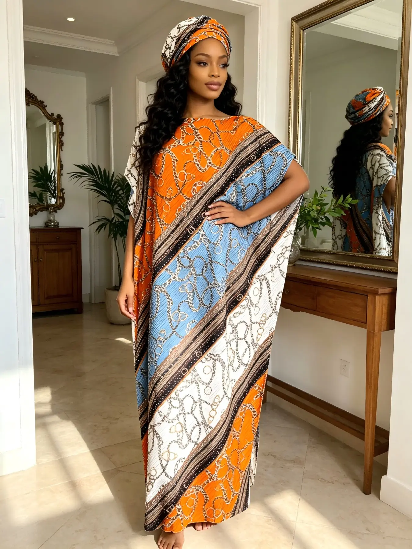 Plus-size women's two-piece satin pleated robe set, Boho printed dress, with orange, blue color-blocked gold chain print, decorated with hot-fix rhinestones. It features loose batwing long dress matched with a headscarf in the same colorway