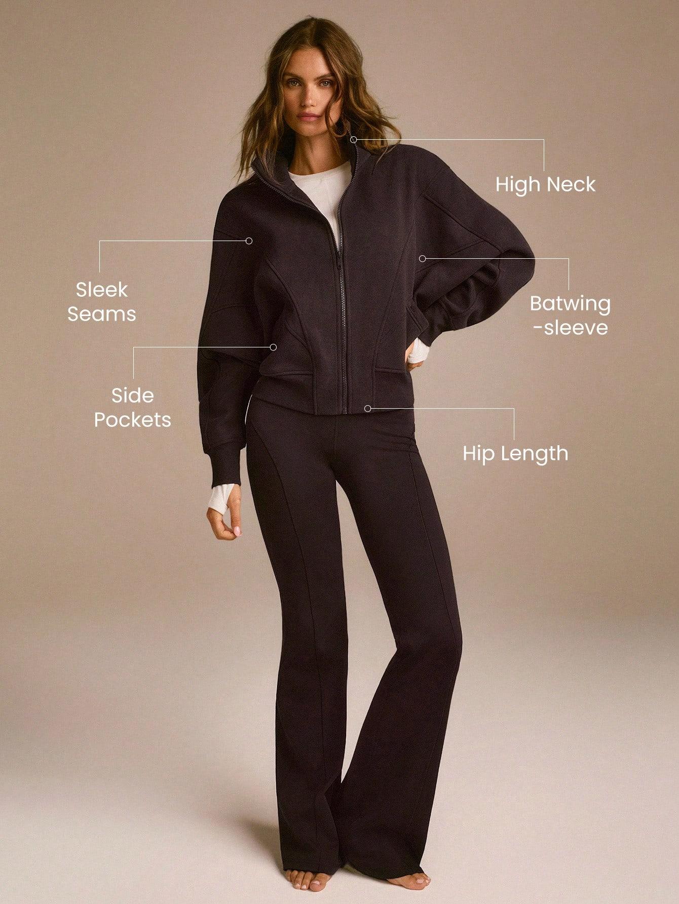 GLOWMODE Everyday Fleece WarmthSoft Warm Lightweight Front Back Seam Detailing Pockets Batwing Sleeve High Neckline Full-Zip Jacket