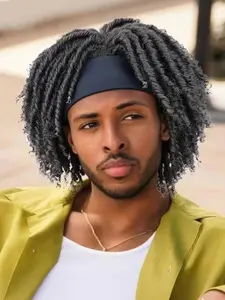 Men's Dark Synthetic Dreadlock Wig, Short Afro Twist Braided Wig with Headband, Soft Dread Locs, Hip Hop Style, All Seasons