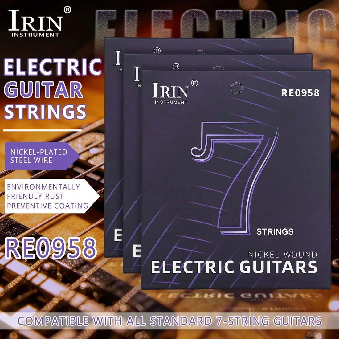 Irin Re0958 Seven-String Electric Guitar Strings, Hex Steel Core Nickel Wound High-Tension Anti-Break Replacement Strings, Ideal for Heavy Metal