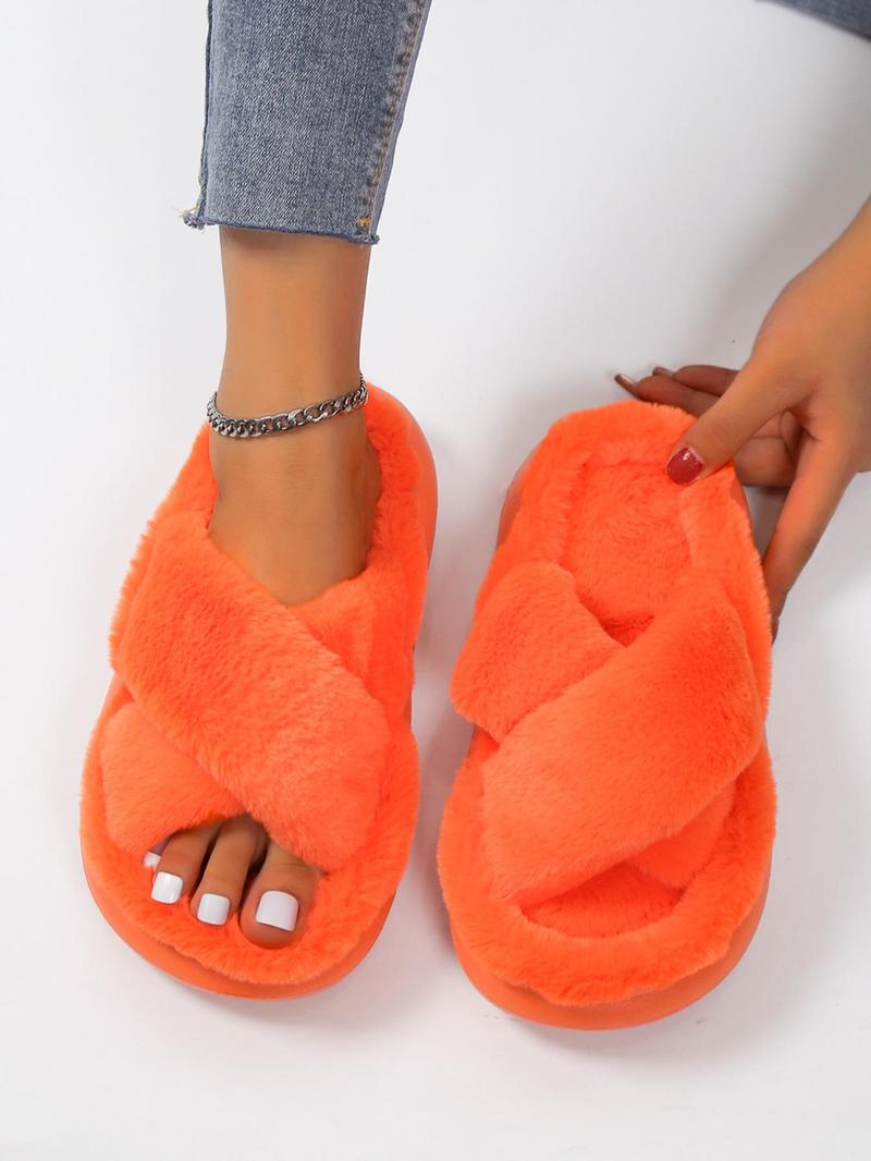 Solid Color Criss Cross Design Fluffy Slippers, Cross Strap Slippers, Casual Comfortable Silent Anti-slip House Slippers for Fall & Winter Indoor and Outdoor Wear, Fall Outfits, Fall Freshness, Footwear