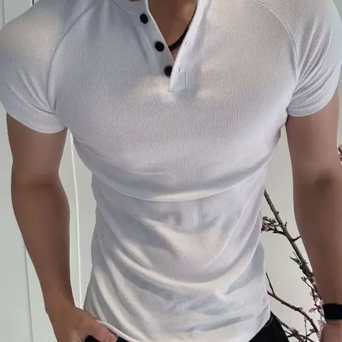 Men's rib-knit Henry collar T-shirt, soft and breathable, with button closure and fashionable raglan sleeves, a fitted short-sleeved casual business casual versatile top Casual fashion clothing